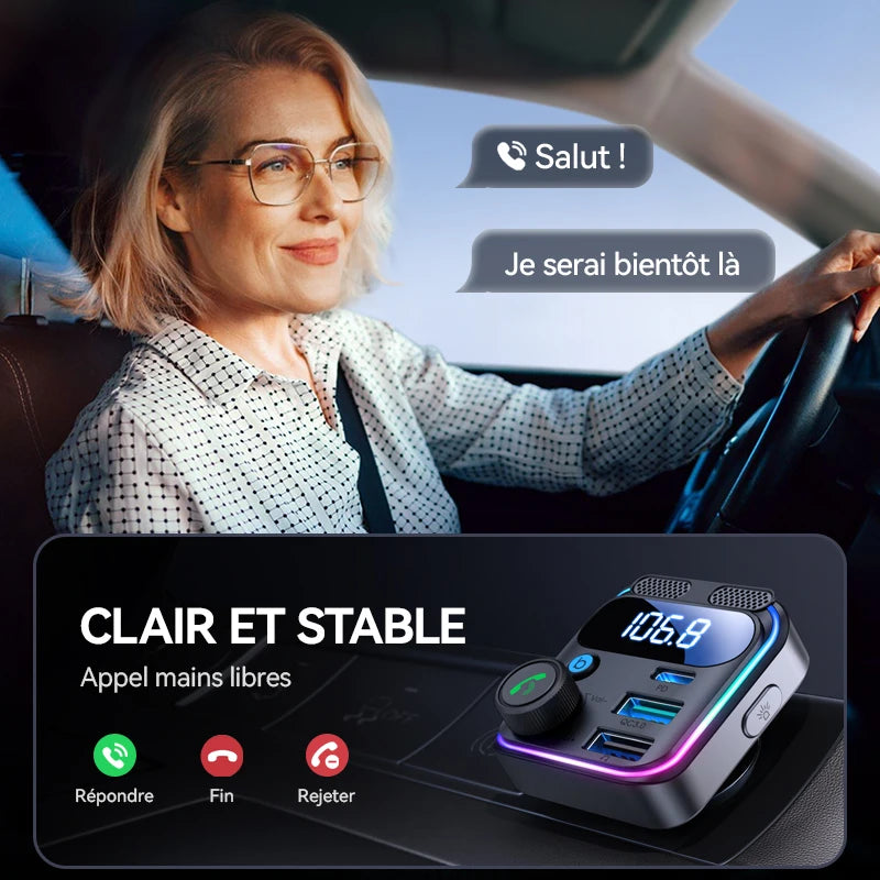 Transmetteur FM Bluetooth 5.3 – Charge Rapide 48W & Kit Mains Libres