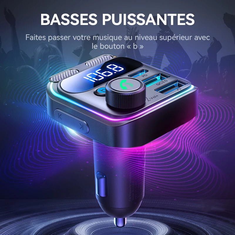 Transmetteur FM Bluetooth 5.3 – Charge Rapide 48W & Kit Mains Libres